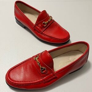 Red Genuine Leather Vintage Italian Loafers with Gold Accent